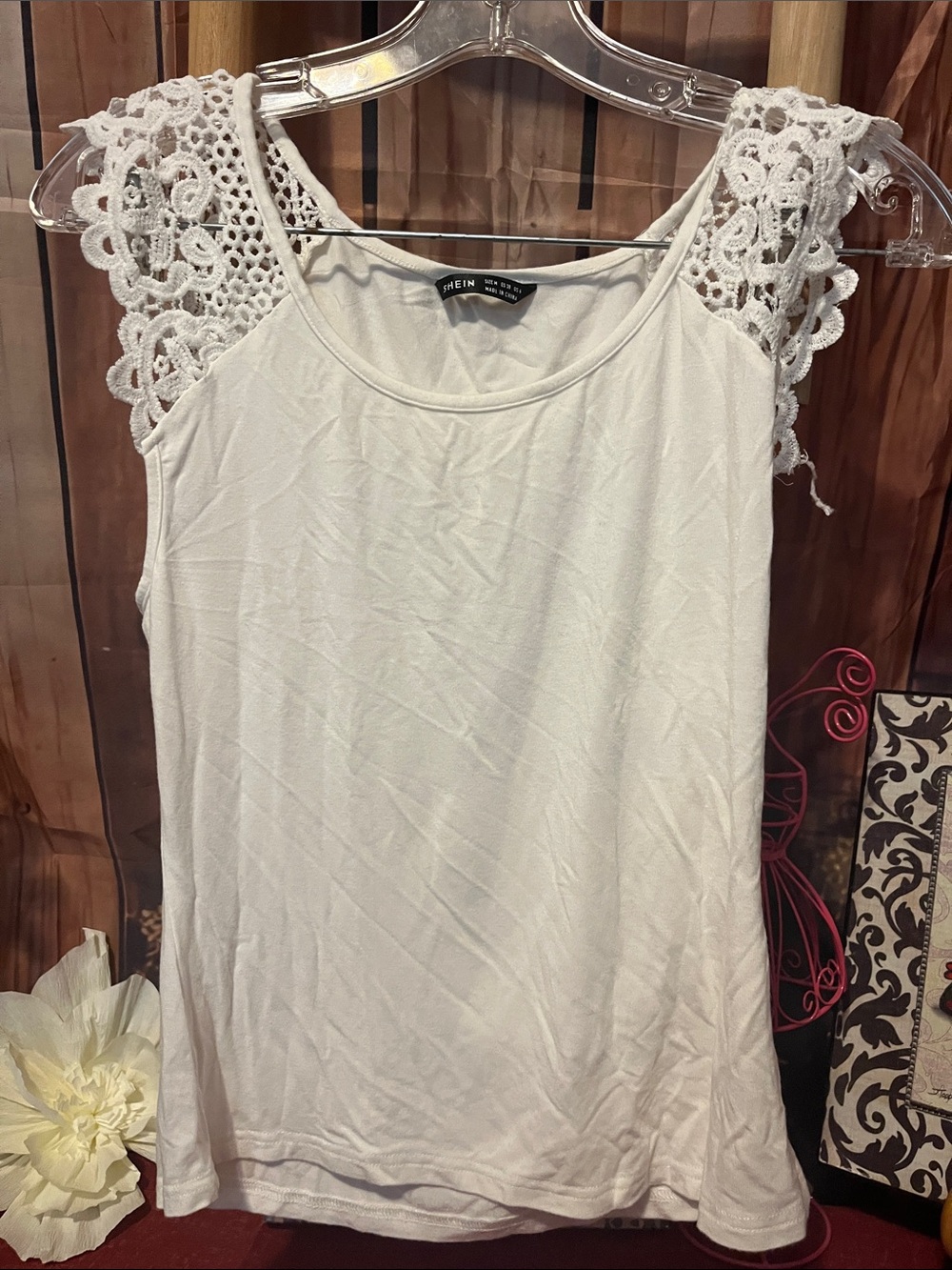 SHEIN White Crochet Shoulder Tank Top